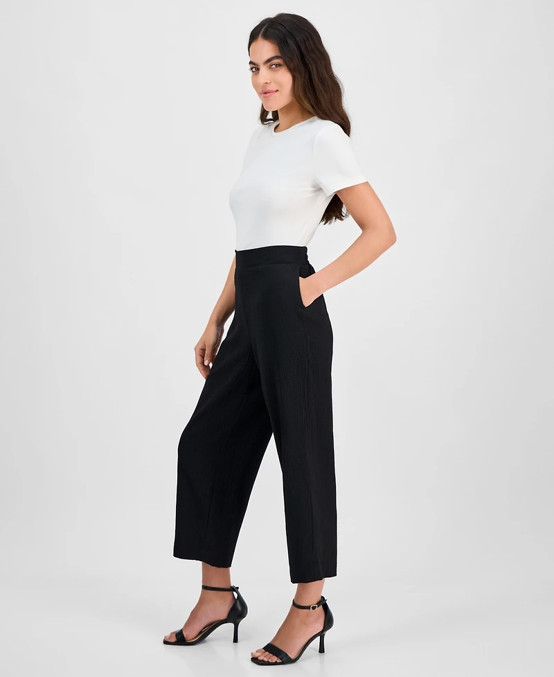 Ak Anne Klein Petite Textured Pull-On Mid-Rise Wide-Leg Pants