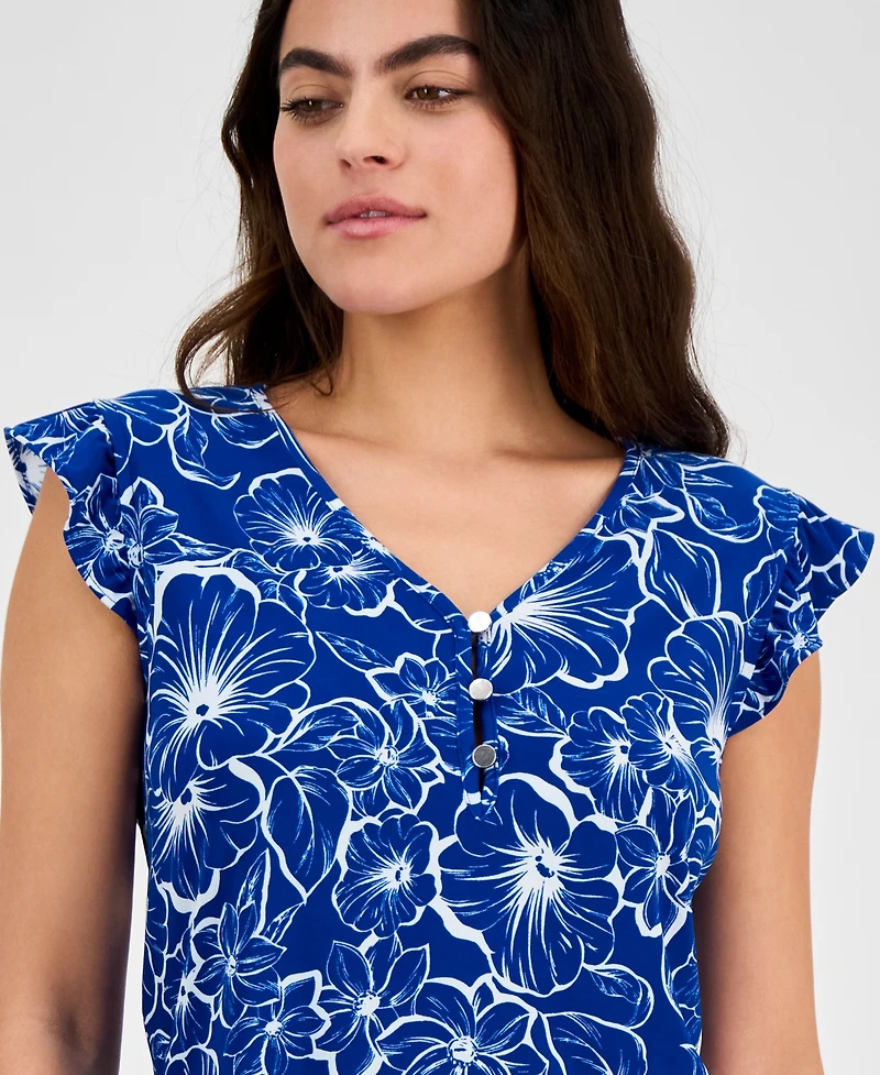 Ak Anne Klein Petite Printed V-Neck Ruffle-Sleeve Blouse