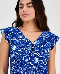 Ak Anne Klein Petite Printed V-Neck Ruffle-Sleeve Blouse