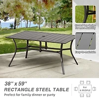 Aoodor Patio Dining Table for 6 People, 59"L x 38"W Rectangular Metal Outdoor Dining Table with Adjustable Umbrella Hole