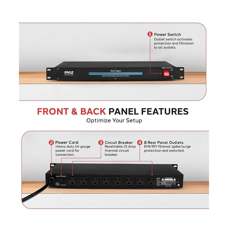 Pyle 19" Rack Mount 1800 Watt Power Conditioner with 8 Outlets