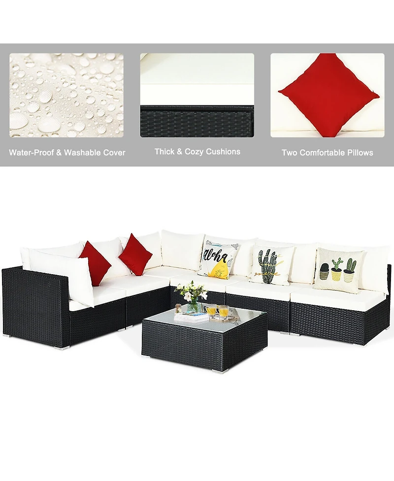 Gymax 7 Piece Patio Rattan Conversation Sectional Furniture Set with Cushion Pillow