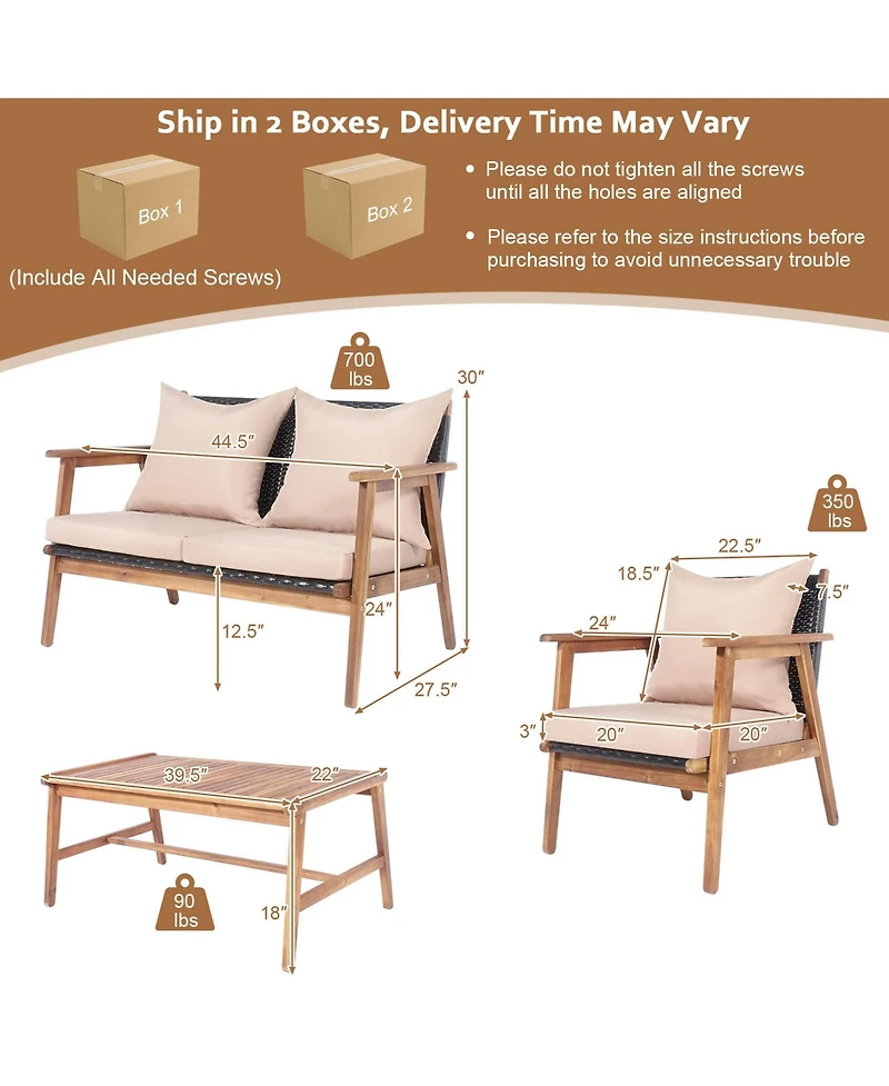 Gymax 4 Piece Patio Conversation Set Outdoor Furniture Set w/ Cushions & Wood Frame