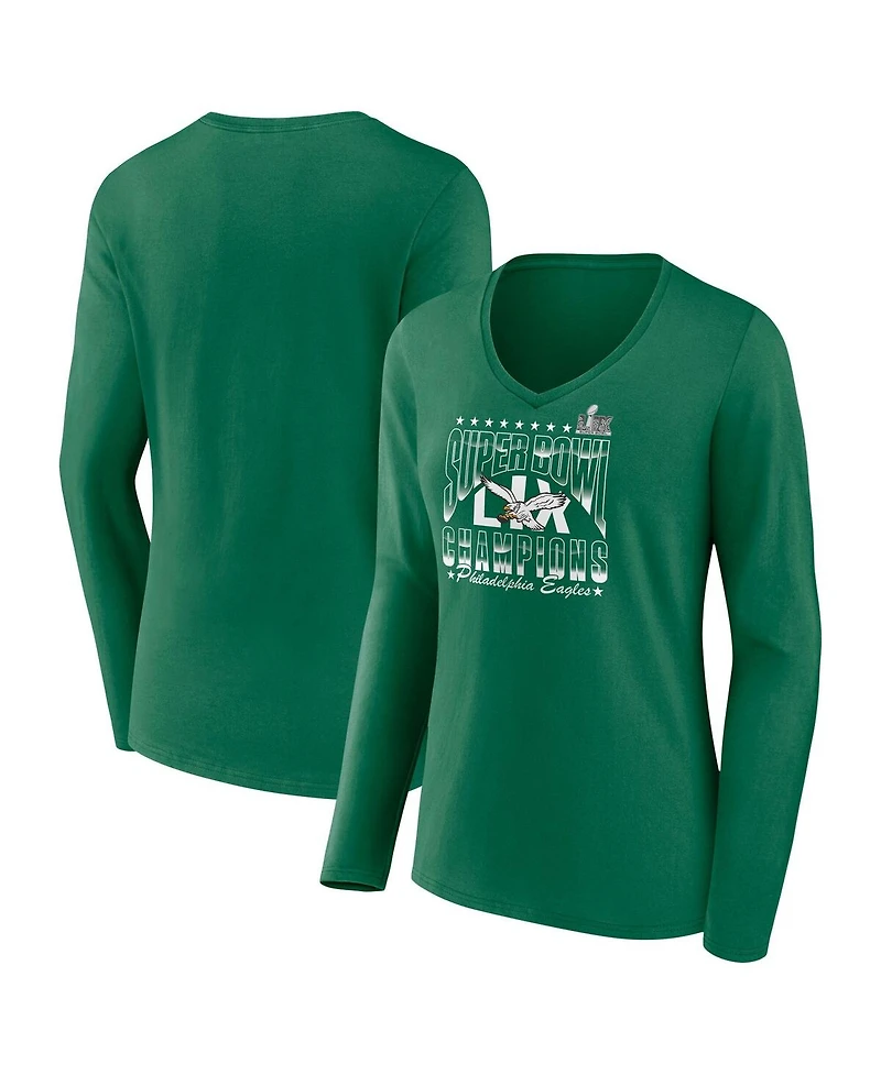 Fanatics Women's Kelly Green Philadelphia Eagles Super Bowl Lix Champions Retro Logo Long Sleeve V-Neck T-Shirt