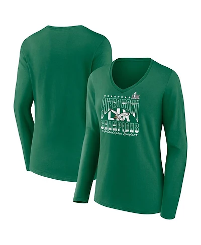Fanatics Women's Kelly Green Philadelphia Eagles Super Bowl Lix Champions Retro Logo Long Sleeve V-Neck T-Shirt