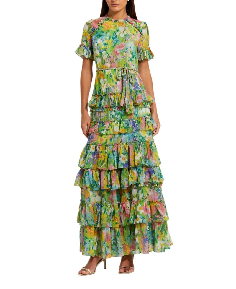 Mac Duggal Women's Floral Printed Chiffon Tiered Ruffle Gown