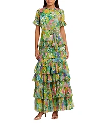 Mac Duggal Women's Floral Printed Chiffon Tiered Ruffle Gown