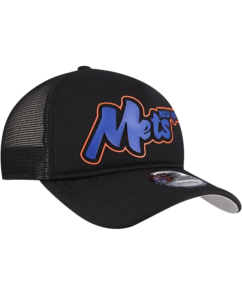 New Era Men's Black New York Mets Retro Bold A-Frame Trucker 9FORTY Adjustable Hat