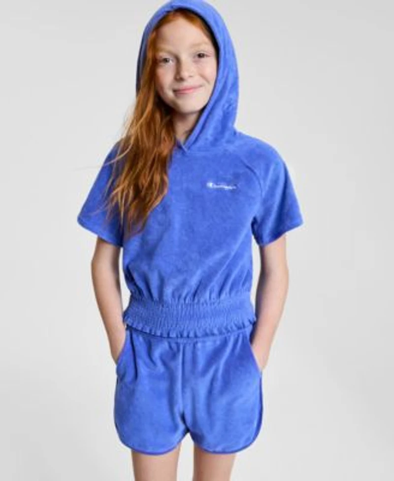 Champion Big Girls Terry Smocked Waist Pullover Hoodie Ruched Terry Pull On Shorts