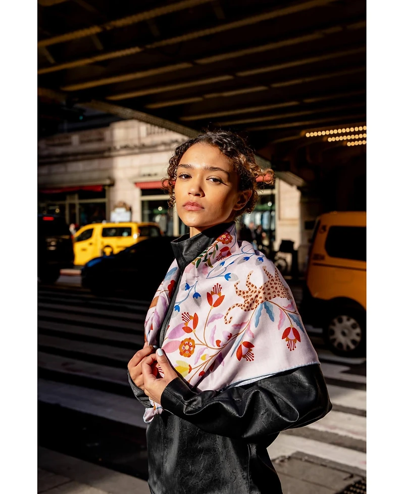 Jessie Zhao New York Double Sided Wool Silk Scarf Of Pink Blossom Jungle