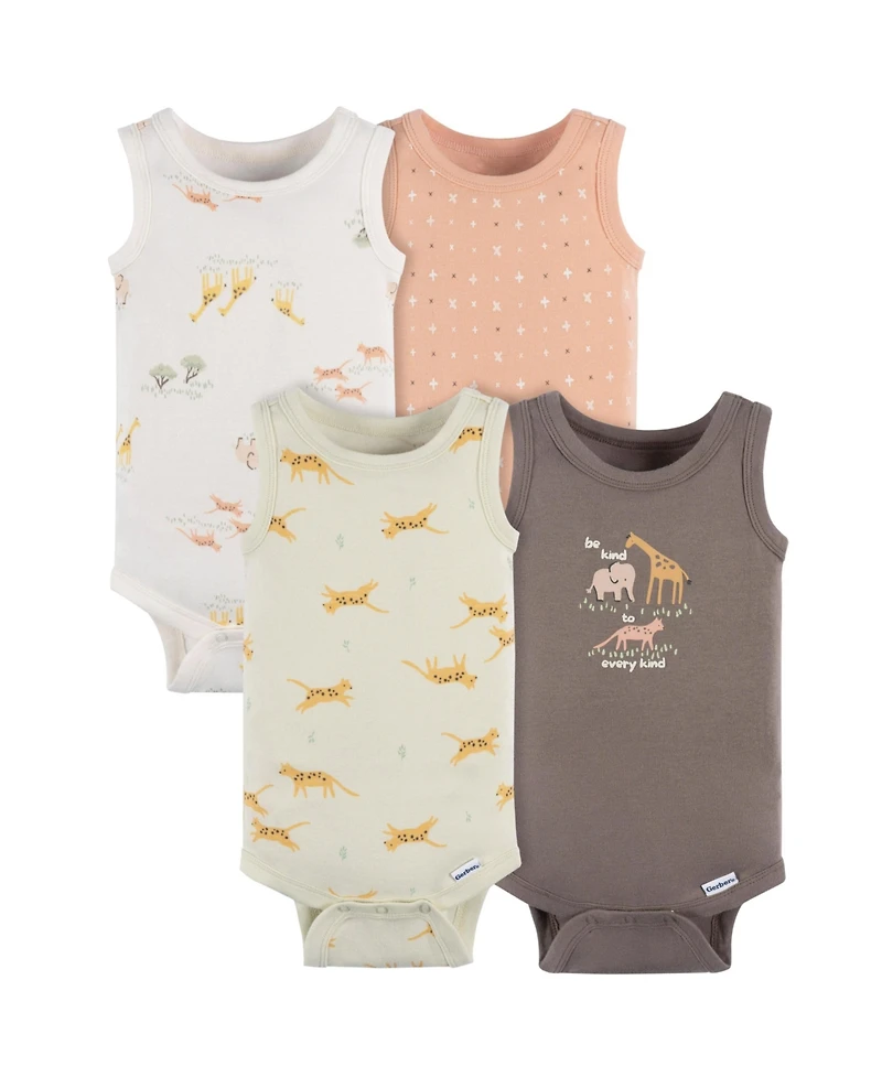 Gerber Baby Neutral Ivory Safari Sleeveless 4-Pack Onesies Bodysuits