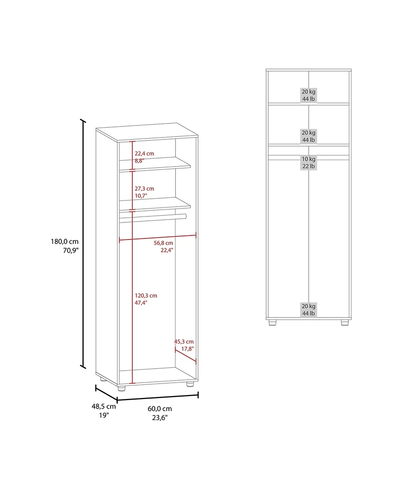 London Armoire, Two Shelves, Rod, Double Door Cabinet Armoire, White