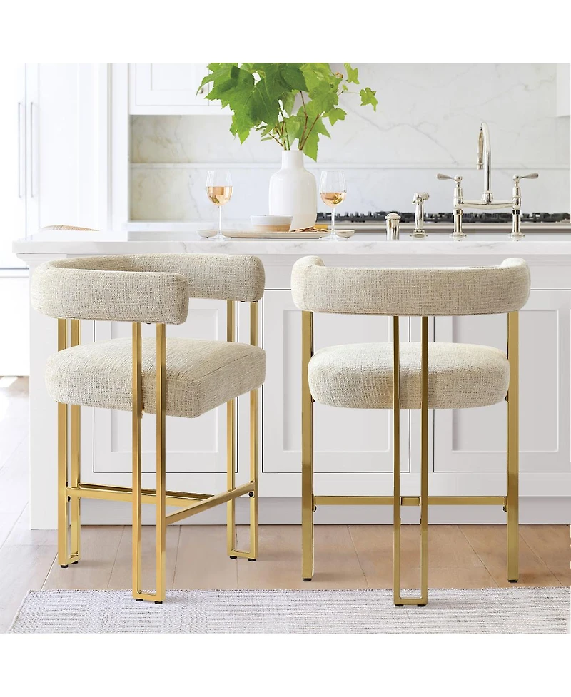 Set of 2 Counter Height Bar Stools, 25" Upholstered Chairs with Gold Metal Legs, Curved Back & Armrests-Maison Boucle