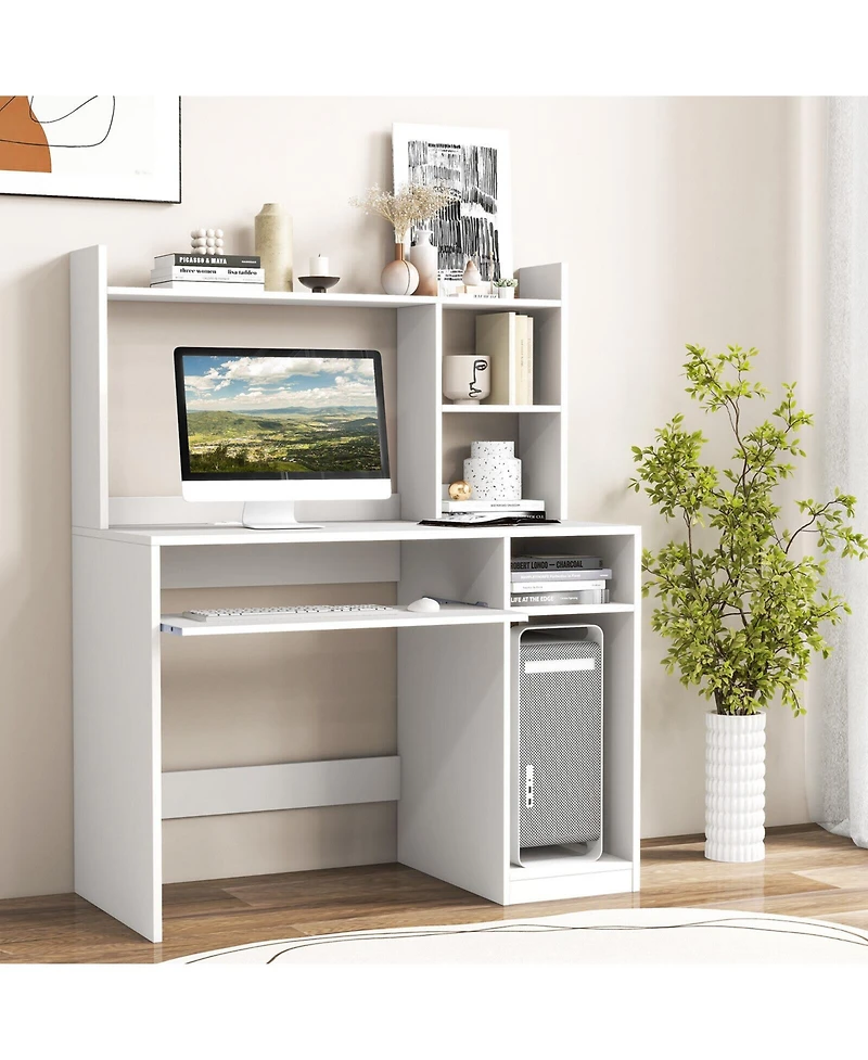 Home Office Computer Desk with Bookcase Keyboard Tray and Cpu Stand