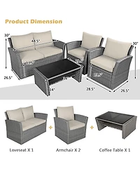 Gymax 4 Piece Outdoor Furniture Set Patio Rattan Conversation Set w/ Cushions