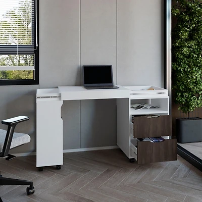 Odessa Extendable Desk, 2 Drawers, 4 Shelves, 4 Wheels, White/Walnut