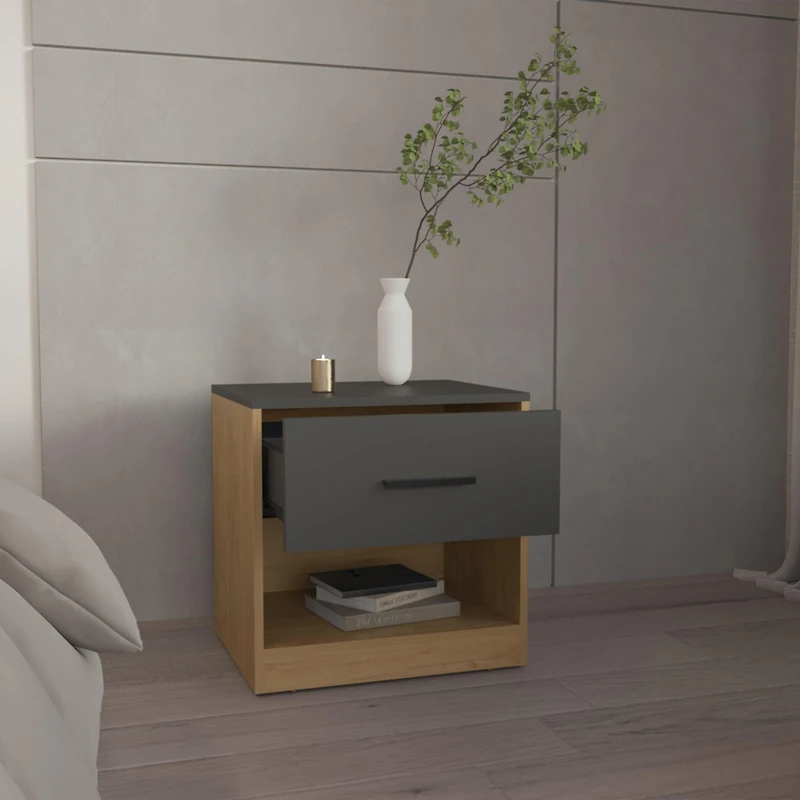 Palmyra Nightstand, 1 Door, 1 Shelf, Natural Oak / Matt Gray