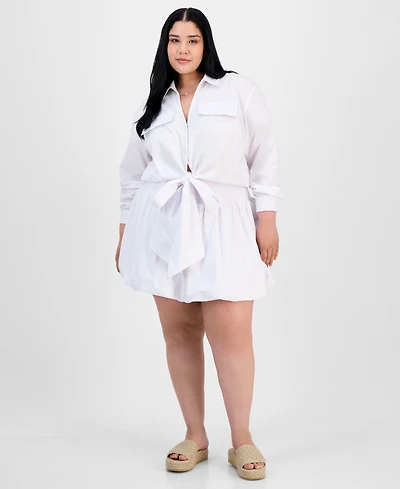 Full Circle Trends Trendy Plus Collared Tie-Hem Shirt & Bubble-Hem Skirt