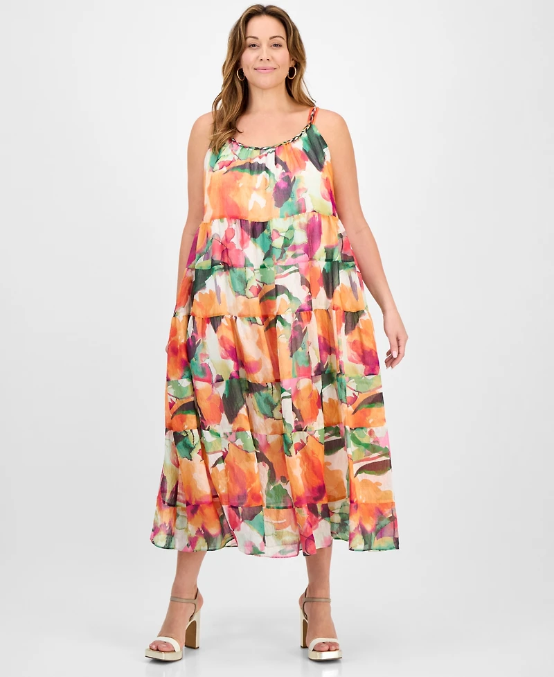 Robbie Bee Plus Size Printed Sleeveless Tiered Midi Dress