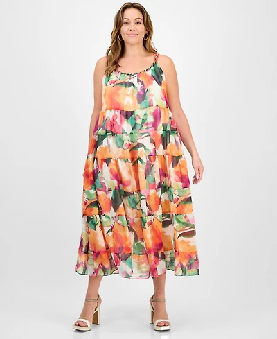 Robbie Bee Plus Size Printed Sleeveless Tiered Midi Dress