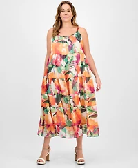Robbie Bee Plus Size Printed Sleeveless Tiered Midi Dress