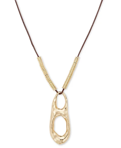 Style & Co Gold-Tone Hammered Sculptural Leather Pendant Necklace, 32" + 3" extender, Exclusively at Macy's