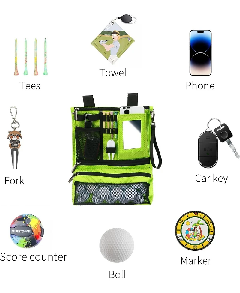 Wosofe Golf Cart Hanging Bag Lightweight Folding Storage Portable Accessories with Adjustable Strap 1 Divot Tool and 4 Tees Unisex