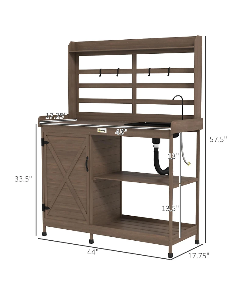 Outsunny Wooden Potting Bench with Storage, Sink, Water Tap,