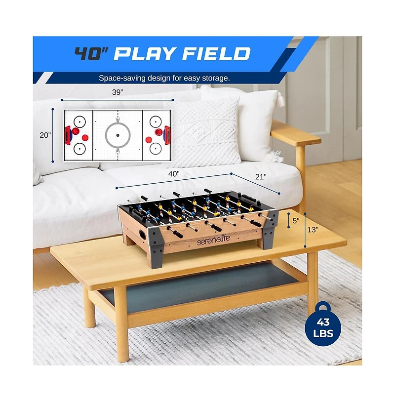 SereneLife 38” Table Top Air Hockey & 40” Foosball Set - 2-in-1 Swivel Game Table