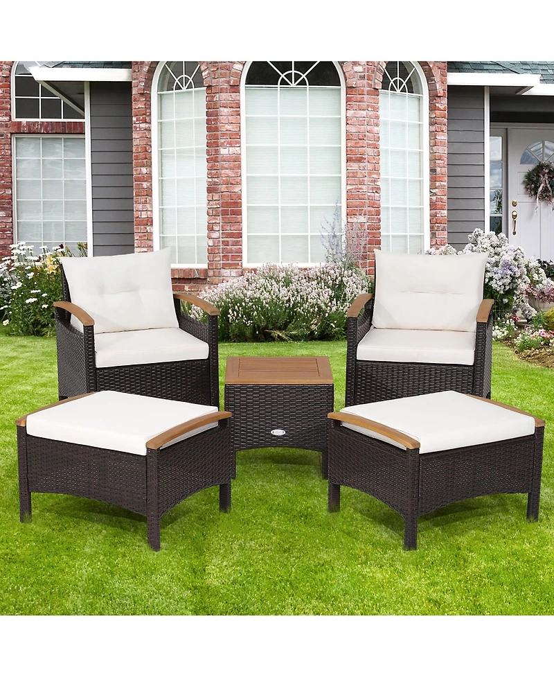 Gymax 5 Piece Pe Wicker Lounge Chair Outdoor Patio Rattan Furniture Set w/ Wood Tabletop Cushions