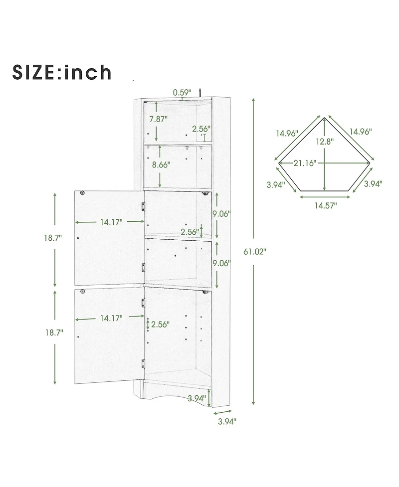 Tall Bathroom Corner Cabinet, Freestanding Storage Cabinet with Doors and Adjustable Shelves, Mdf Board, Black