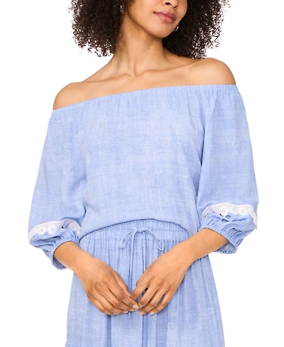 Sam & Jess Petite Lace-Trim Off-The-Shoulder 3/4-Sleeve Top
