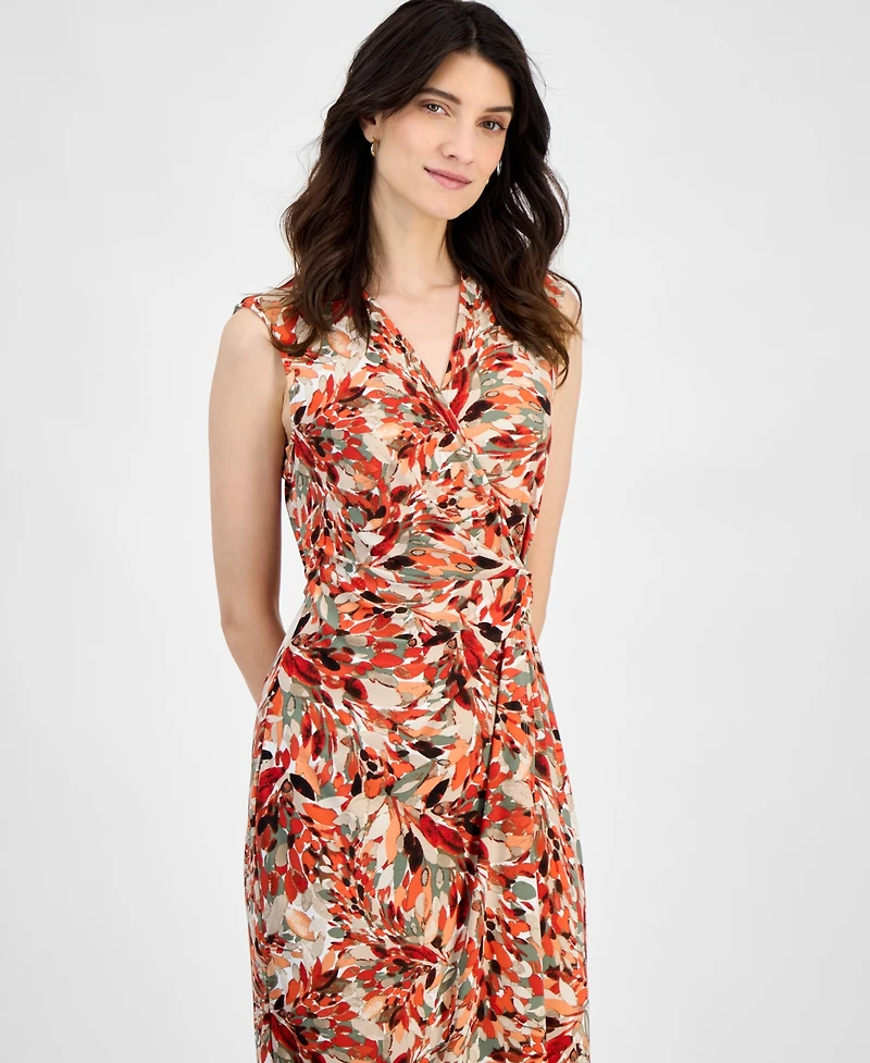Kasper Women's Printed O-Ring Sleeveless Faux-Wrap Dress