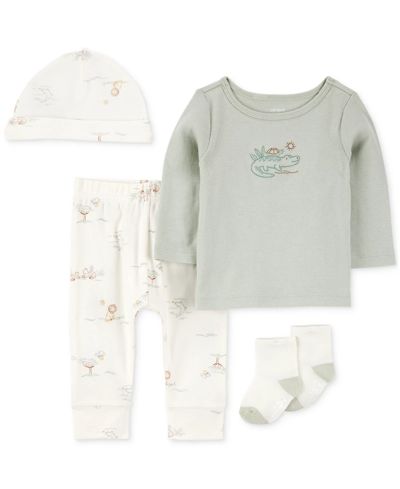 Carter's Baby Boys Cotton Turtle Top, Hat, Pants & Socks, 4 Piece Set