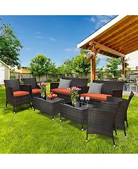 Gymax Set of 8 Outdoor Patio Rattan Conversation Furniture Set w/ Cushion Table