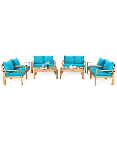 Gymax 8 Piece Outdoor Furniture Set Patio Acacia Wood Conversation Set w/ Cushions