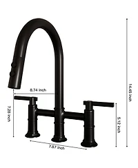 Modern Double Handle 3-Holes Deck Mount Bridge Kitchen Faucet with 2-Sprayer Patterns and 360 Swivel Spout in