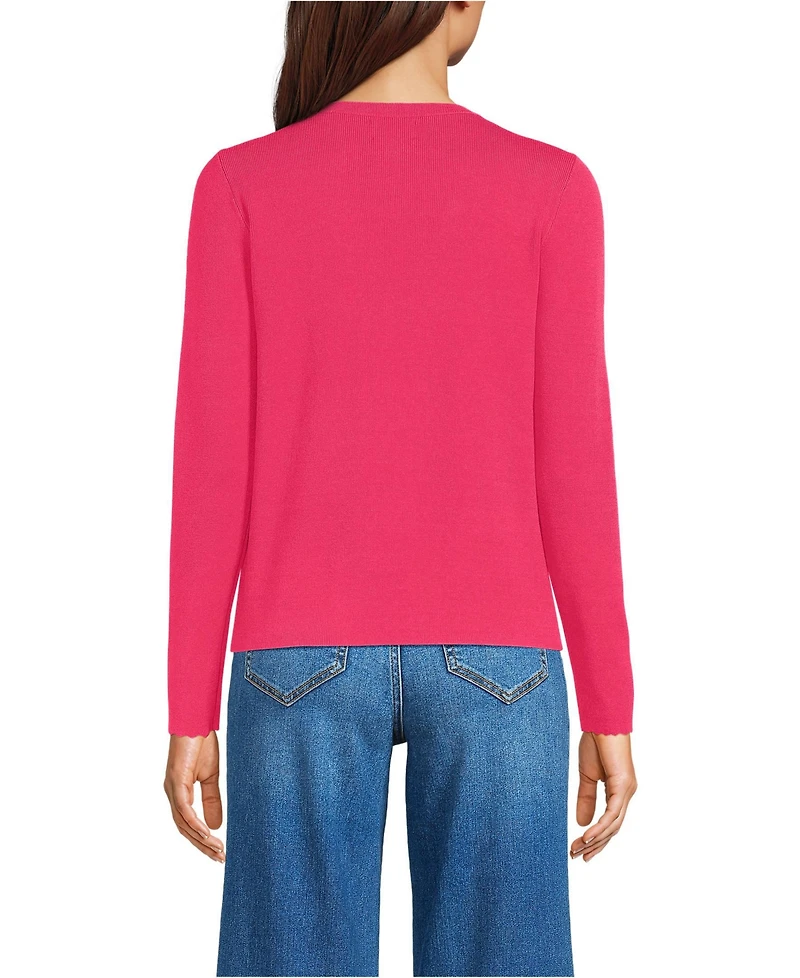 Lands' End Women's Blend Scallop Edge Fitted Cardigan Sweater - Set Top