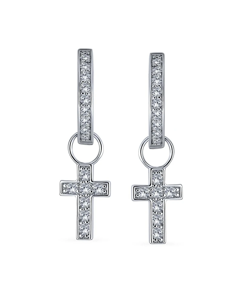 Bling Jewelry Tiny Cross Communion Kpop Huggie Dangle Chandelier Earrings Cz Hoop Set Gold Plated