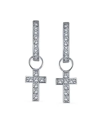 Bling Jewelry Tiny Cross Communion Kpop Huggie Dangle Chandelier Earrings Cz Hoop Set Gold Plated