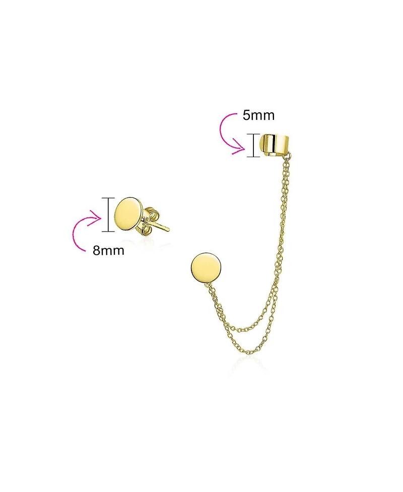 Bling Jewelry Geometric Cartilage Plain Band With Two Chains Ear Warp Cuff Cz Cubic Zirconia Stud Ear Lobe Earring Rose Gold Plated Sterling Silver