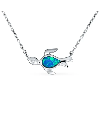 Bling Jewelry Delicate Nautical Blue Opal Sea Turtle Pendant Necklace in Sterling Silver