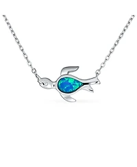 Bling Jewelry Delicate Nautical Blue Opal Sea Turtle Pendant Necklace in Sterling Silver