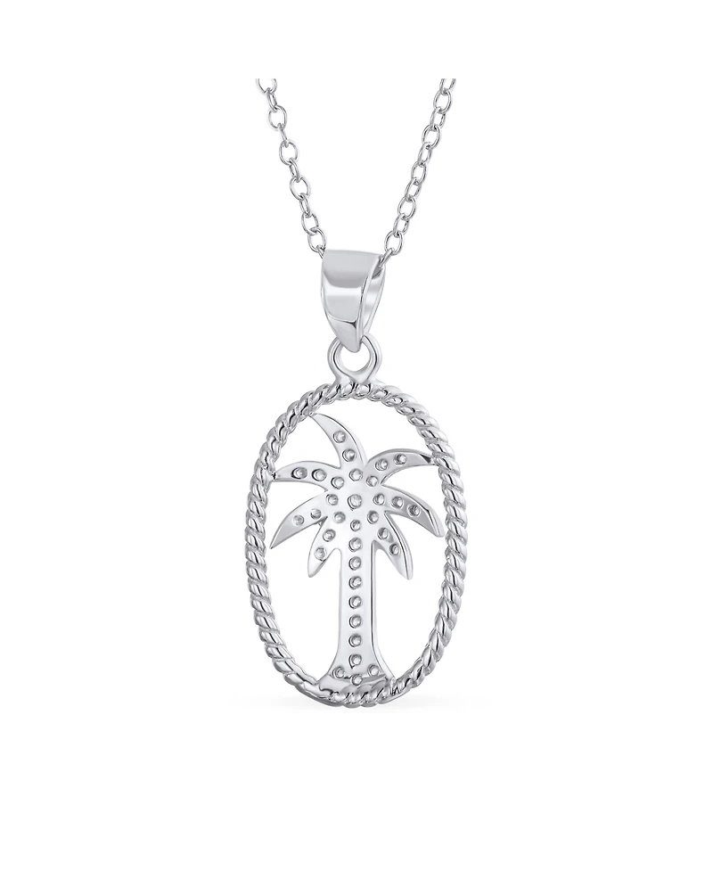 Bling Jewelry Oval Frame Nautical Cz Palm Tree Pendant Necklace in Sterling Silver
