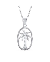 Bling Jewelry Oval Frame Nautical Cz Palm Tree Pendant Necklace in Sterling Silver