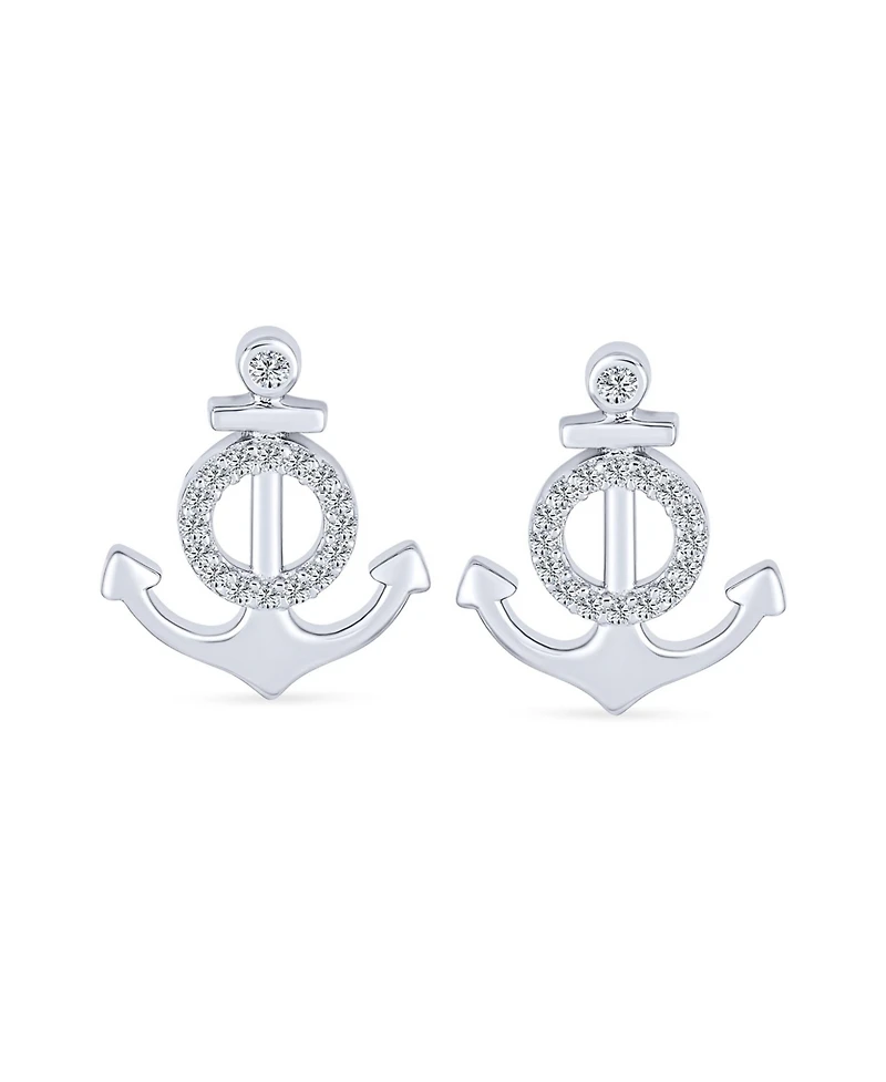 Bling Jewelry Whimsical Nautical Cz Stud Earrings, Boat Anchor Design, Sterling Silver