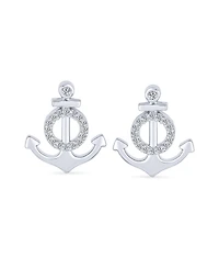 Bling Jewelry Whimsical Nautical Cz Stud Earrings, Boat Anchor Design, Sterling Silver