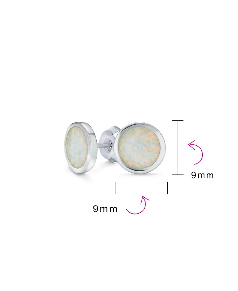 Bling Jewelry Classic Simple Iridescence Bezel Setting Flat Round Circle Created White Opal Stud Earrings .925 Sterling Silver Large 9MM