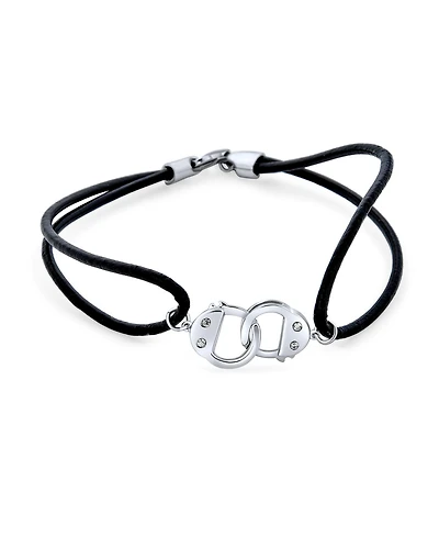 Bling Jewelry Minimalist Wrap Bracelet Black Leather Cord with Sterling Silver Handcuff Design