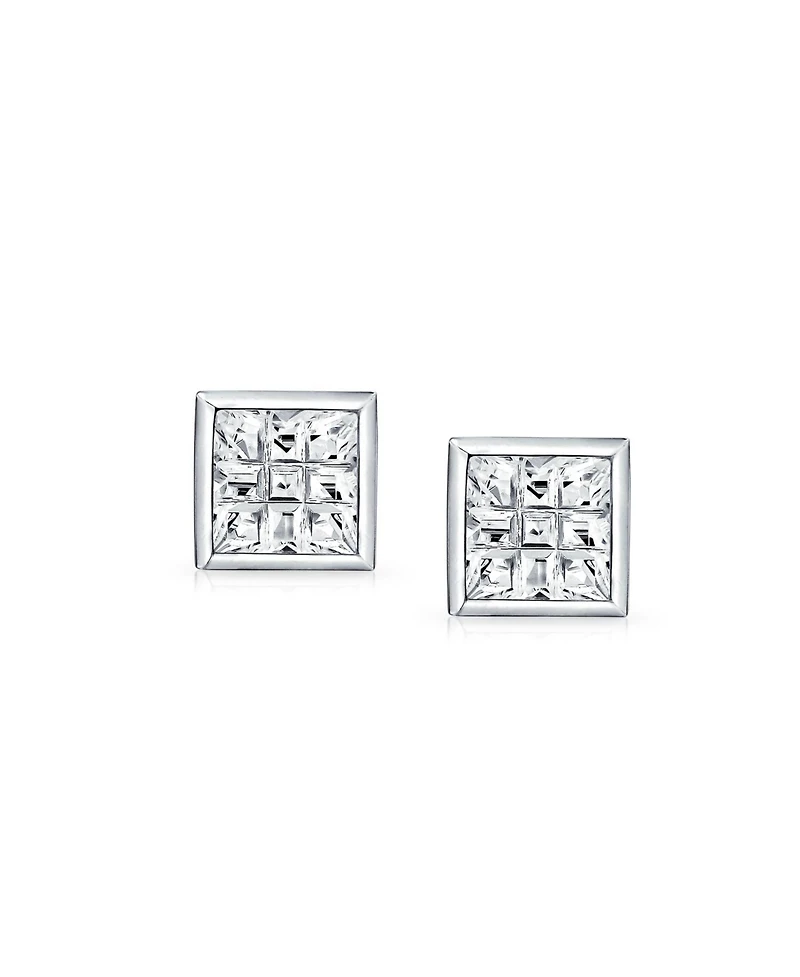 Bling Jewelry Geometric Round Square Cz Cubic Zirconia Bezel Set Checkboard Invisible Cut Stud Earrings .925 Sterling Silver